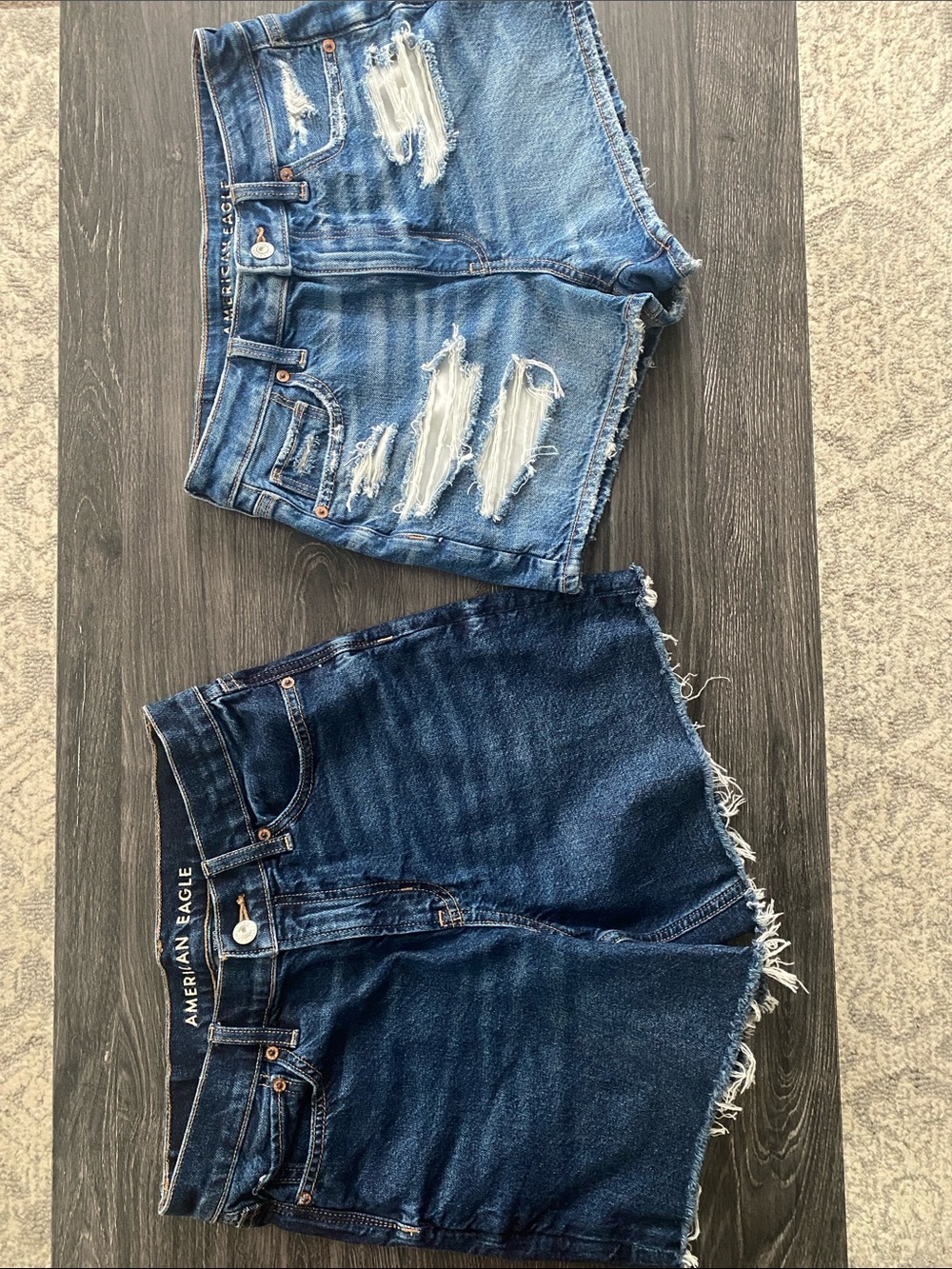American Eagle Dark Blue High-Rise Raw Hem Denim Shorts